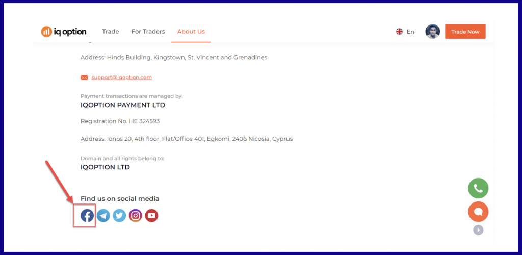 Contact to IQ Option by Facebook