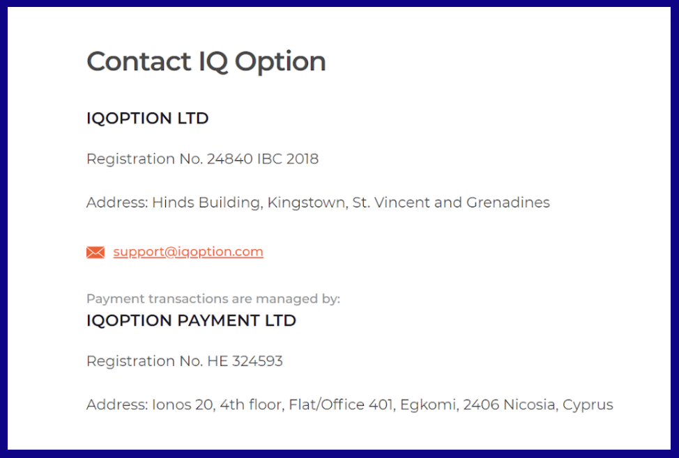 Contact to IQ Option by Mailing Address