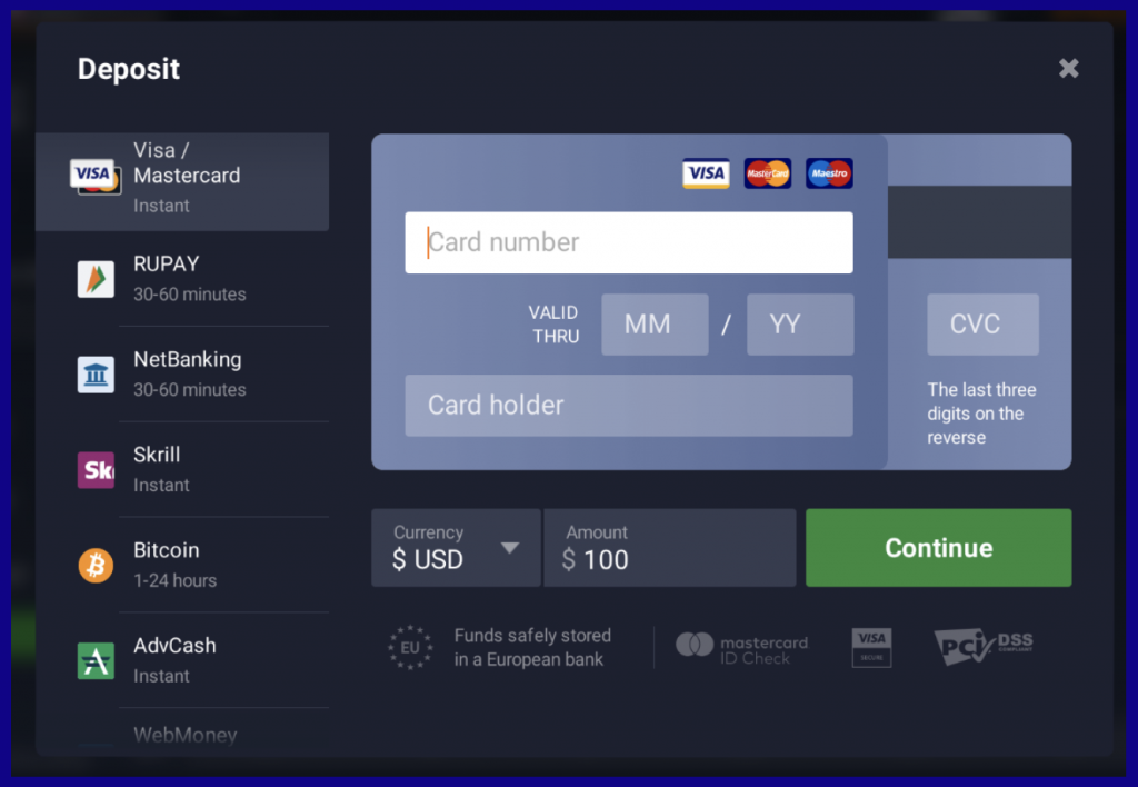 Deposit Methods on IqOption