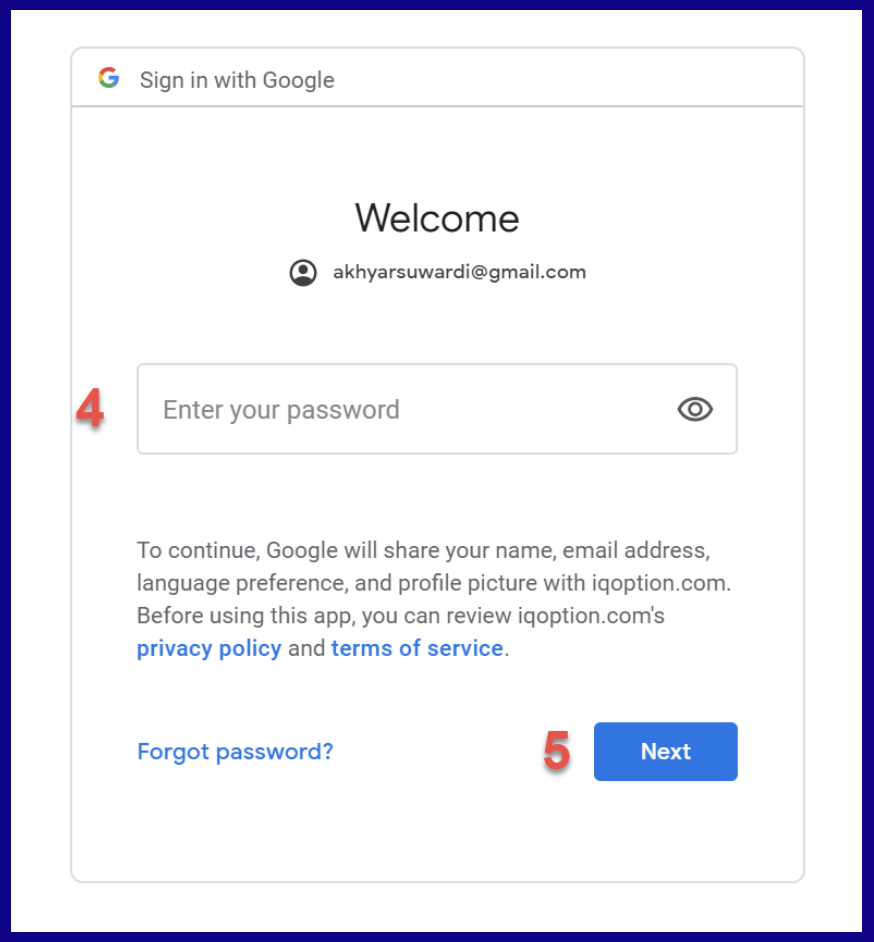 Enter the password from your Gmail account to login into IQOption