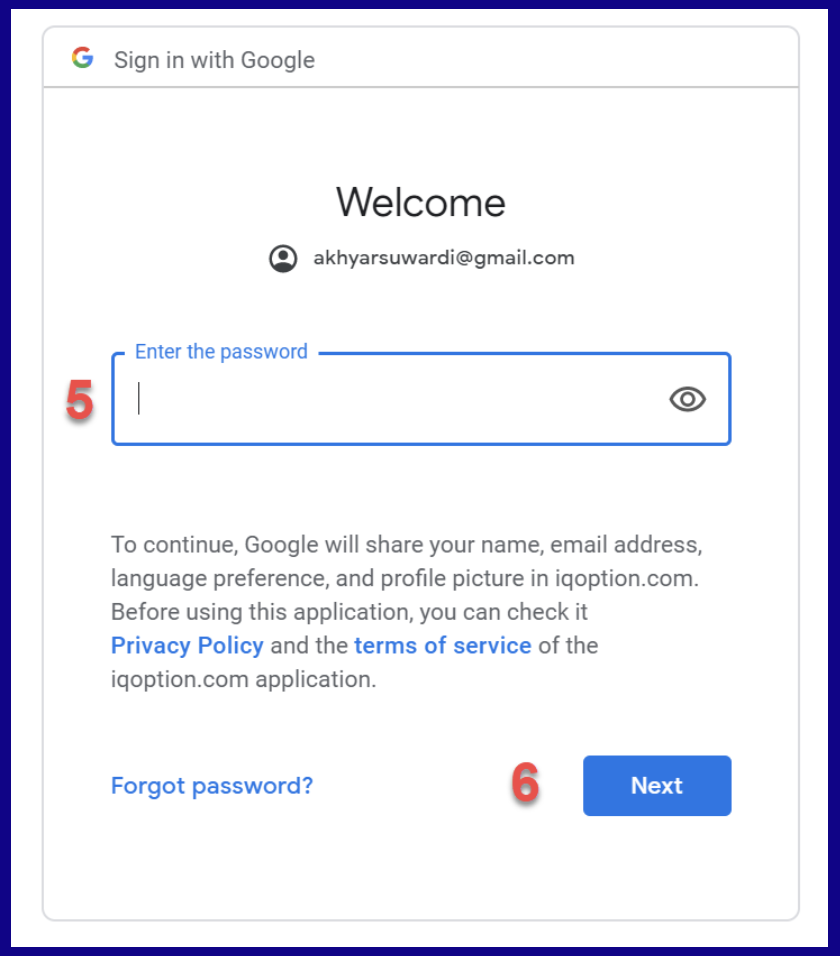 Password to connect gmail to IQOption