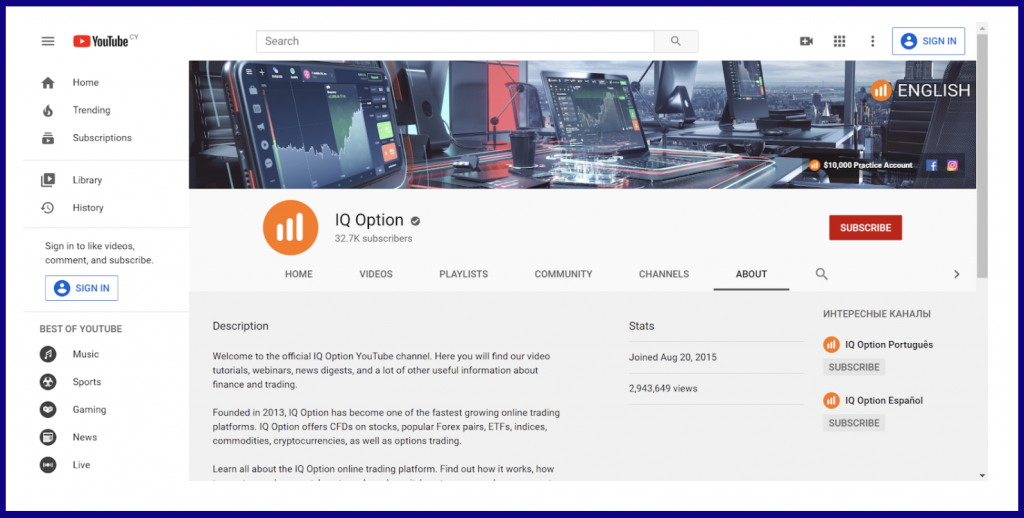 IqOption YouTube Channel Contacts
