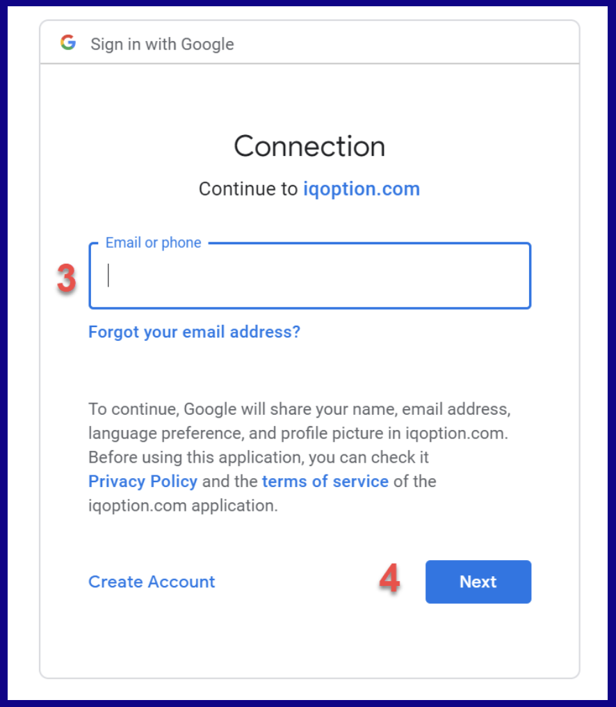 Email or phone to connect gmail to IQOption