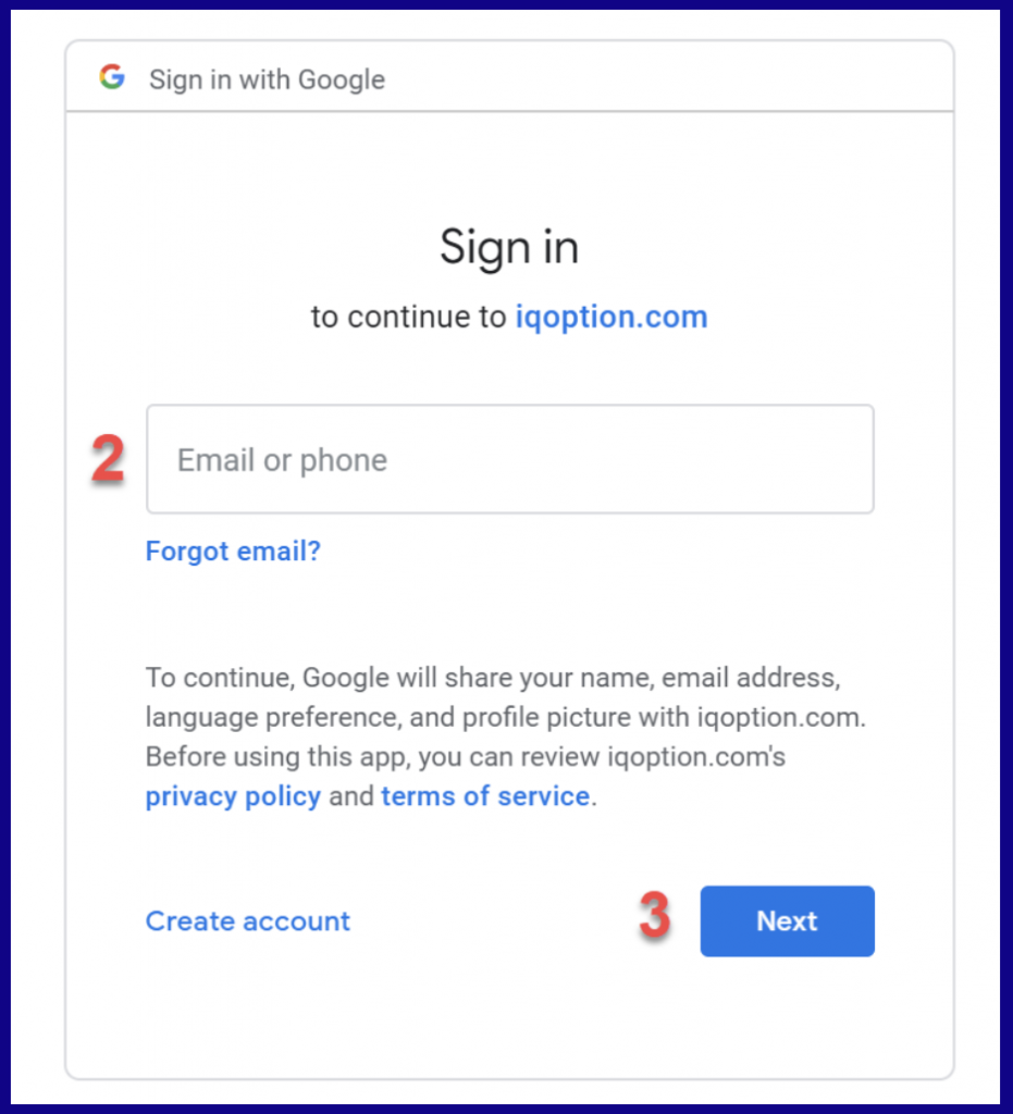 Login to IQOption via gmail fill email or phone